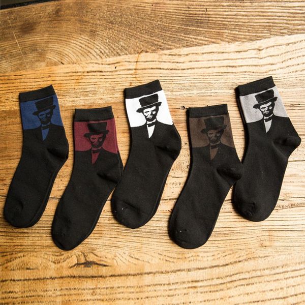 

1pair new gentleman in a hat printing pattern men's cotton middle tube long socks trend street style casual personality all-matc, Black