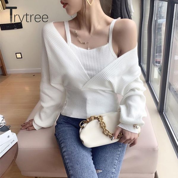 

trytree 2021 spring autumn casual women sweaters solid elastic short sweater patchwork fake 2 pieces for women streetwear, White;black