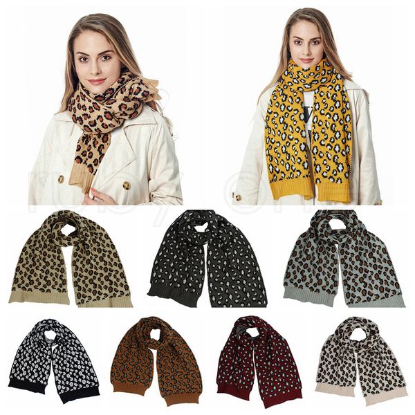 

women winter wool knitted scarf fashion leopard print knitted scarves outdoor wool crochet warm windproof shawl party favor 9colors rra3745