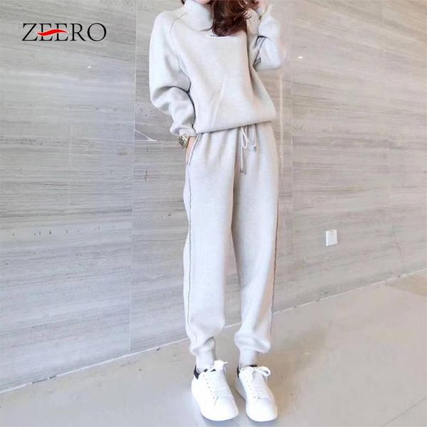 

autumn winter wool knitted warm 2 pieces set women half-high collar pullover sweater + long pant set women tracksuit suit, Gray
