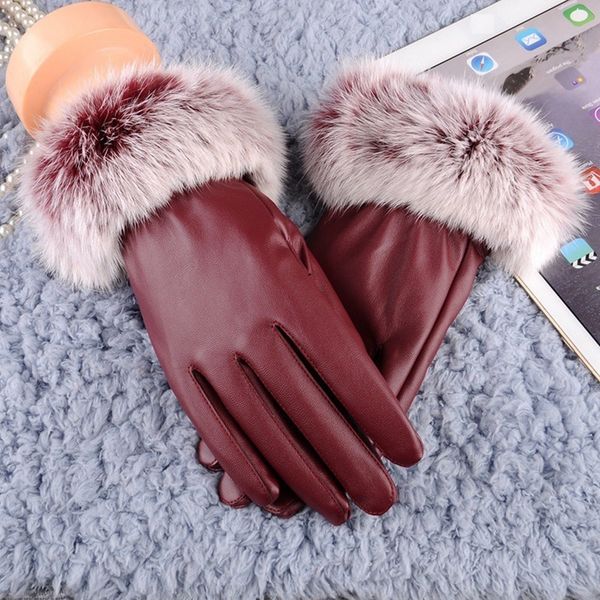 

winter velvet pu pair 1 leather/suede women driving rabbit fur warm outdoor touch screen bow gloves mittens