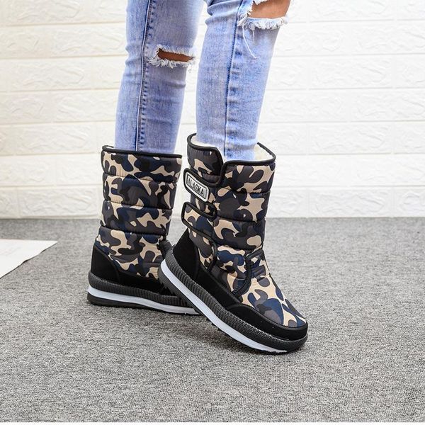 

boots 2021 women hook loop snow outdoor female wool warm winter shoes mid-calf camouflage waterproof comfortbale footwear1, Black