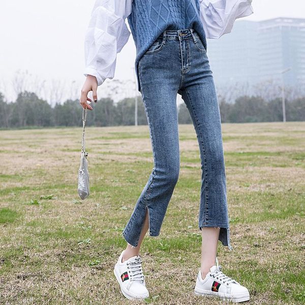 

ewq] 2020 autumn new vintage high waist pencil pants simple students casual jeans woman long trousers cowboy female1, Black;white