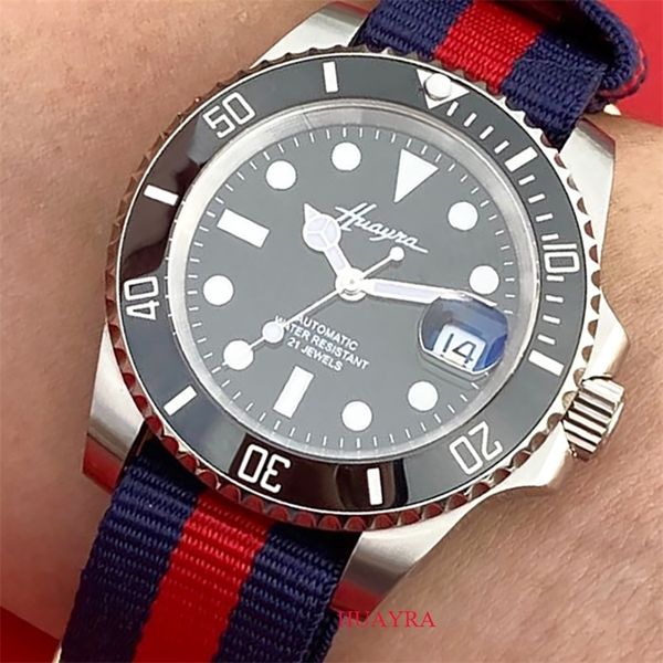 

40mm men's automatic watch sapphire mechanical stainless steel case waterproof watch ceramic ring luminous clock canvas strap, Slivery;brown