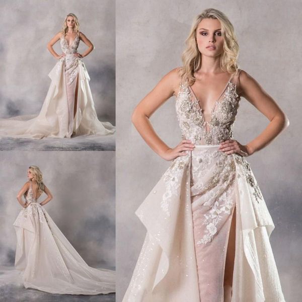 

anna georgina 2021 summer wedding dress deep v neck illusion 3d floral appliques sequins beaded bridal gowns with detachable trai, White