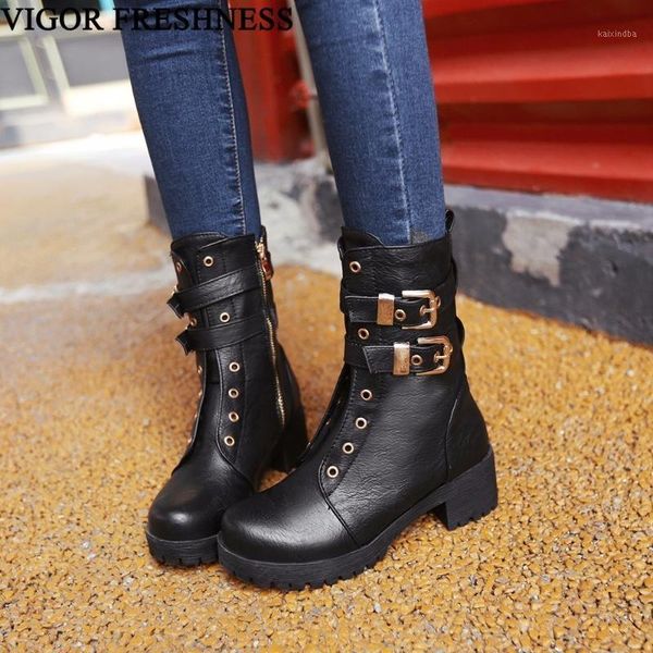 

boots vigor freshness shoes women winter ankle fur lace up middle heels warm atutumn ladies my131, Black
