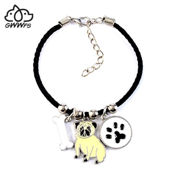 

charm bracelets cute pug dog bangles for women girls men alloy rope chain male female animal bracelet fashion men's gifts, Golden;silver