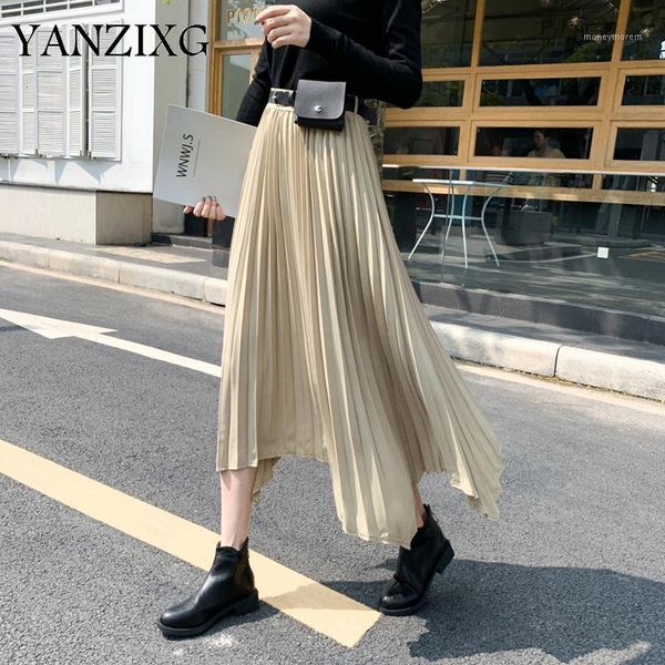 

2019 women's skirts fall winter irregular casual midi pleated fashionable flared high waist with belt skirts d0231, Black