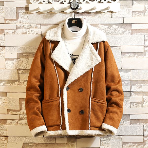 

men's winter fur one-piece casual jacket padded men's lapel loose thick padded jacket, Black