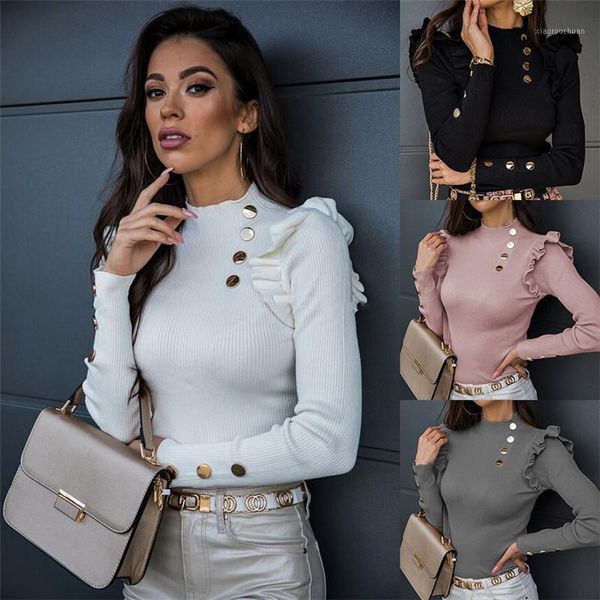 

women's button o-neck button blouse 2020 autumn shirt white long sleeve blouses solid knit ladies shirts feminina femme1