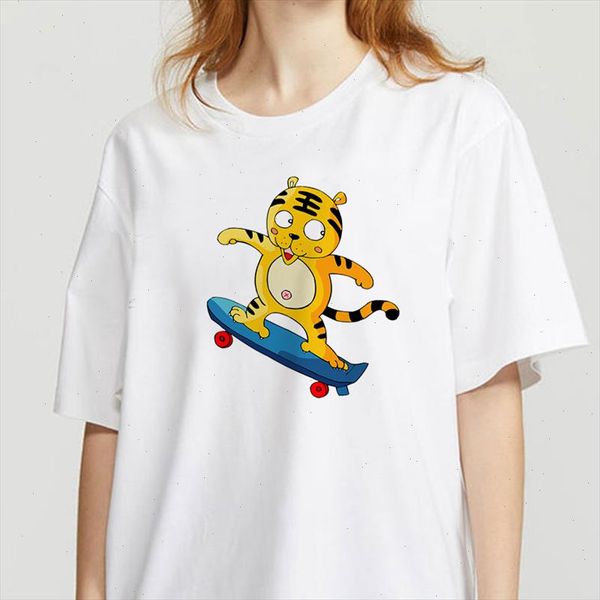 

funny cartoon tiger printed t shirt women tees harajuku kawaii short sleeve ulzzang t shirt femme camisetas mujer 2021, White