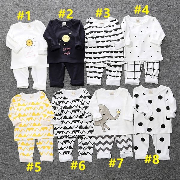 

children pajamas sets ins kids boy girls toddler long sleeve homewear two piece clothing cotton sleepwear t-shirt pants outfits g12802, White