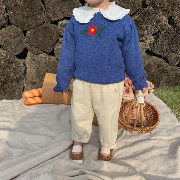 

pullover children wear spring 2021 restoring ancient sweater baby girls lapel soft embroidered flowers top, Blue