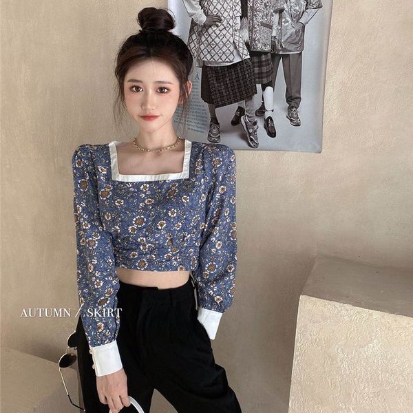 

2020 autumn new square neck long sleeve slim korean floral short shirt for women