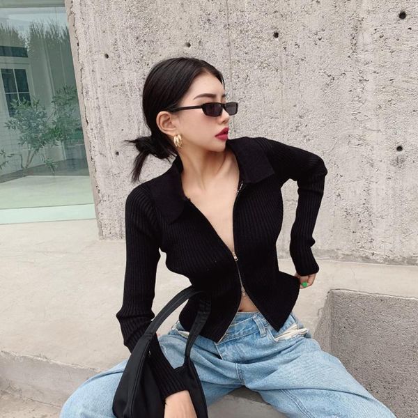

women long sleeve zipper knitted cropped sweater, White