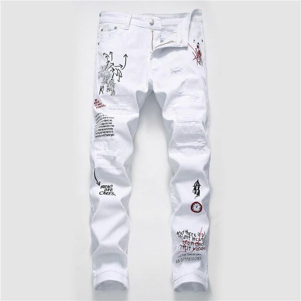 

men's jeans men streetwear personality ripped printed white skinny hip hop punk casual motorcycle stretch denim trousers, Blue