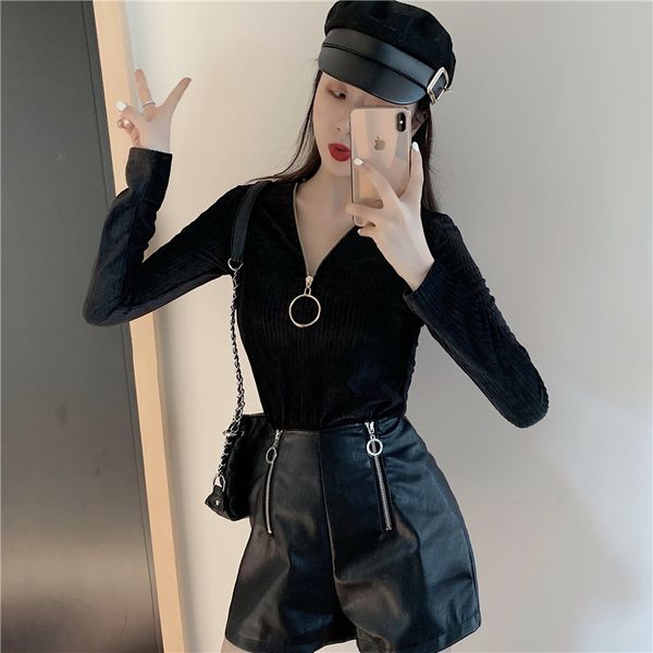 

2020 autumn new long sleeve slim fit v-neck velvet bottomed shirt temperament versatile t-shirt women's wear
