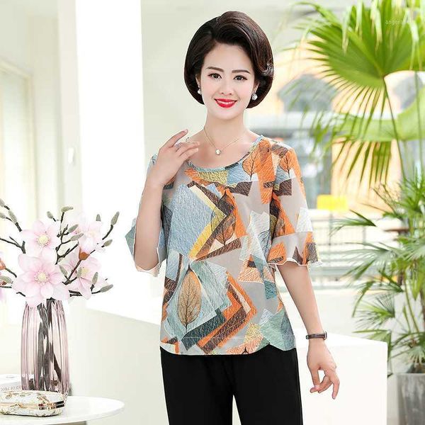 

women summer chiffon blouses shirts lady casua flower printed middle-aged woman o-neck loose blusas, White