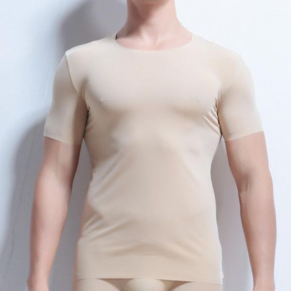 

man undershirt ultra-thin ice silk transparent short sleeve t-shirts male breathable tee stretch tracksuit plus size1, Black;brown