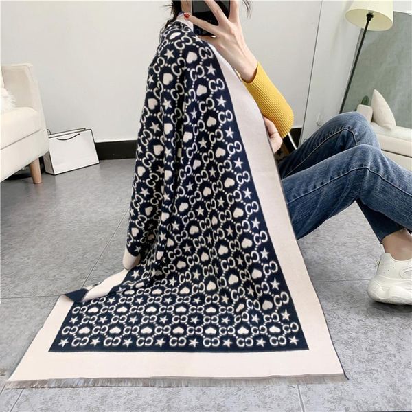 

2021 new fashion star love print cashmere scarves women winter thick warm blanket wool scarf shawl wraps double sides, Blue;gray