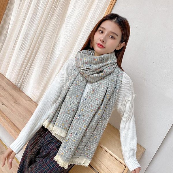 

phle women's fashion striped bib thickened warmth long imitation cashmere student short beard scarf autumn and winter1, Blue;gray