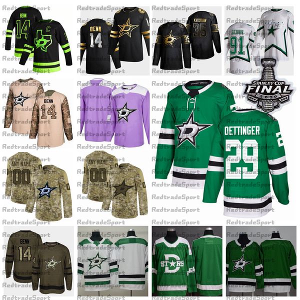 

2021 reverse retro customize #29 jake oettinger dallas stars hockey jersey stanley cup golden edition camo veterans day fights cancer shirt, Black;red