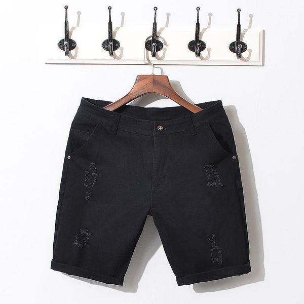 Jeans masculinos atacado- marca verão preto branco homens shorts algodão rasgado denim calças curtas qualidade sólido estilo moda estilo bermuda masculino1