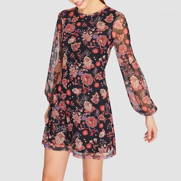 

casual dresses kumsvag women summer chiffon mesh mini dress o-neck print lining female elegant vintage clothes vestidos ww67471, Black;gray