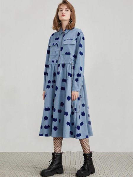 

women autumn winter dress korean elegant print casual loose cute peach print long shirt dress 100% cotton washed denim, Black;gray