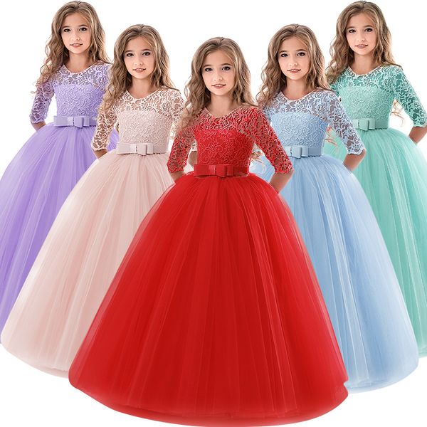 

6-14 years flower lace dress girls clothes princess party pageant long gown kids dresses for girls wedding evening clothing lj200825, Red;yellow