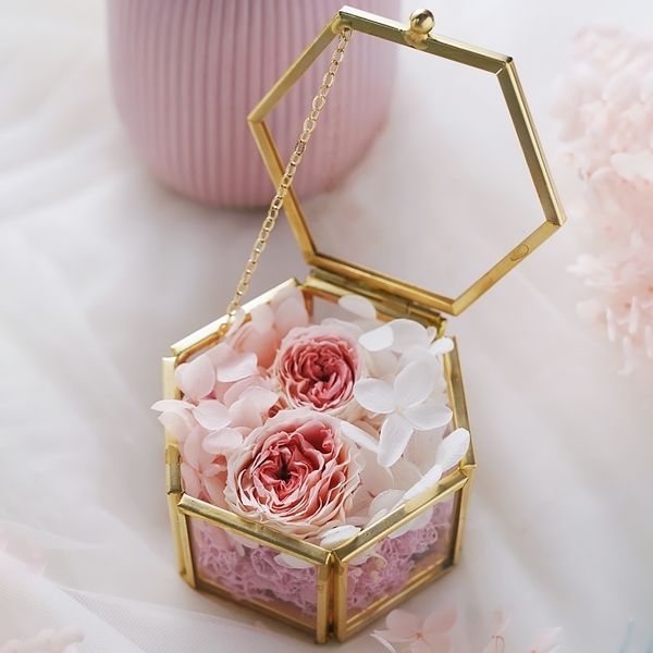 

glass box for wedding rings,clear ring bearer box,wedding gift personalized hexagon shaped ring box,flowers in small jewelry box t200808, Black;white
