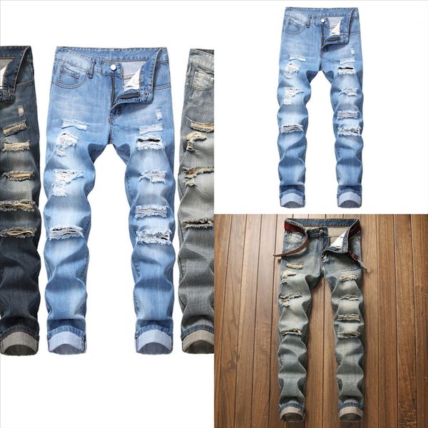 

tgkhz cool skinny belt stretch elastic slim denim pants large ripped for male hole jeans size man high qlity spring summer hip hop print, Black