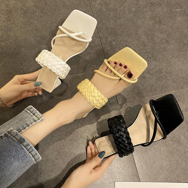 

2020 new slippers weave leather women sandal open square toe flat casual slides summer outdoor beach female flip flops1, Black