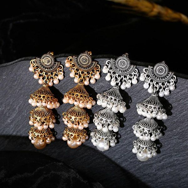

retro long bell statement earrings jewelry for women vintage boho carved pearl wedding earrings, Silver