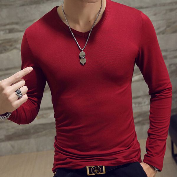 

spring autumn white solid color basic slim men t-shirt bottoming men round neck v-neck casual long-sleeve t-shirts, White;black