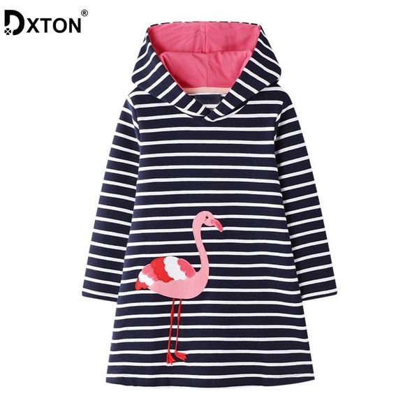 

dxton cotton kids dresses hooded girls dress stripe autumn winter girls costume dress flamingo long sleeve children dress 2- lj200921, Red;yellow