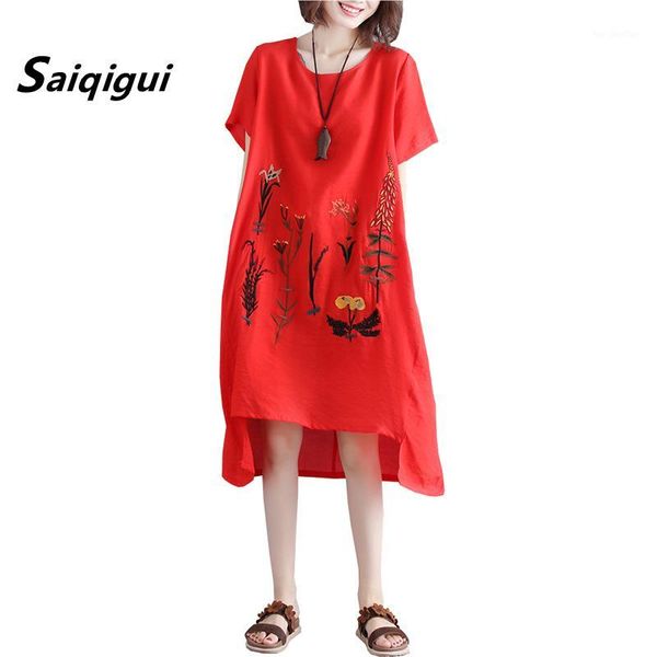 

casual dresses saiqigui 2021 fashion o-neck summer dress women loose embroidery cotton linen vestidos de festa1, Black;gray