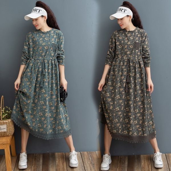 

ebgiw style ethnic dressnational dresslong-sleeved cotton and uojhd dress women's 2020 spring new linen waist slimming elegant aline dr, Black;gray