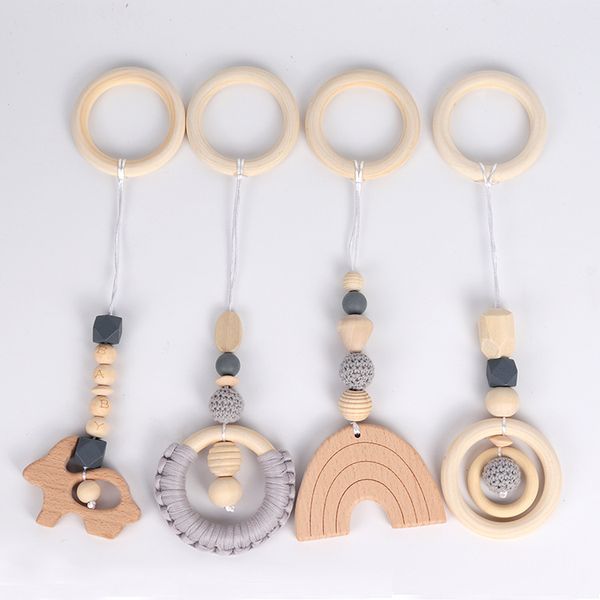 

4 pcs/set baby clips teething nursing rattle toys gifts play frame stroller hanging pendants wooden ring teether molar products