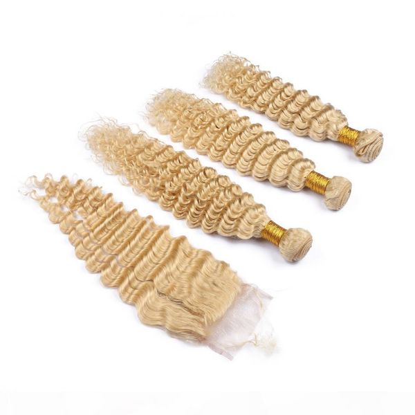 

#613 blonde peruvian human hair 3bundles with 4x4 lace front closure deep wave wavy bleach blonde virgin hair weft extensions with closure, Black;brown