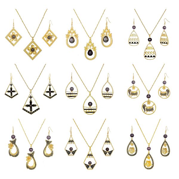 

women jewelry sets of 14k gold round leaf black pearl polynesian people flower hawaiian jewelry set wholesale for women gift, Silver