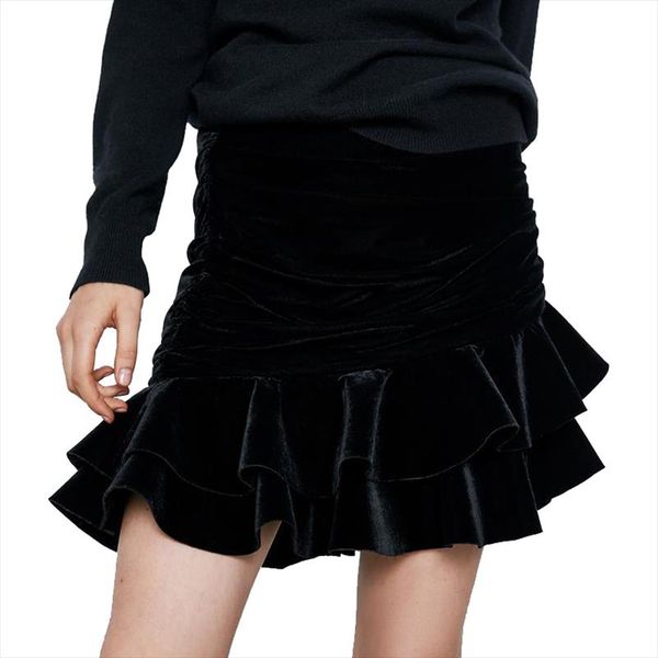 

elegant women velvet mini skirts 2019 winter fashion ladies ruffles short skirt female vintage high waist skirts girls chic, Black