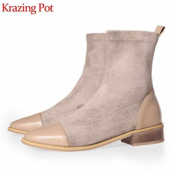 

krazing pot vintage daily wear cow leather patchwork flock round toe low heels slip on women winter keep warm ankle boots l3f71, Black