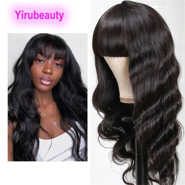 

indian virgin hair full-machine straight 10-28inch natural color bob bangs mechanism wig body wave 150% density machine-made capless wigs, Black;brown