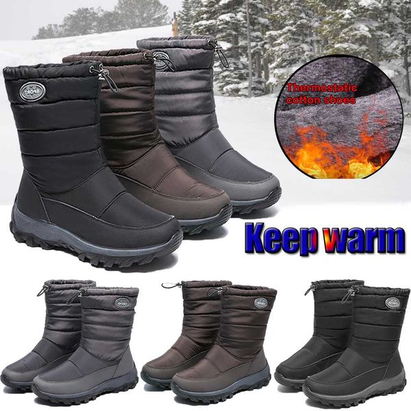 

women waterproof elastic band snow boots winter platform warm mid calf drawstring thick plush non-slip snow boot botas mujer d25, Black