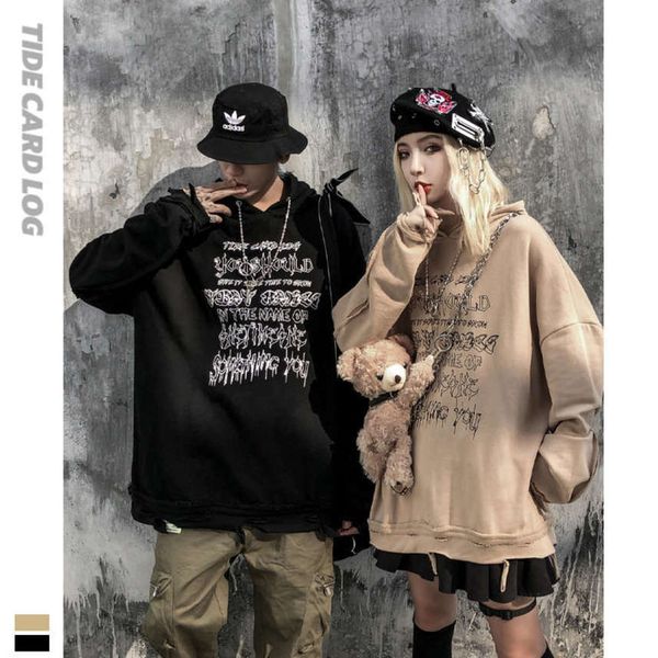

autumn winter dark high street loose hooded fashion br sweater men's and women's letter printed hole drop shoulder hoodie, Black