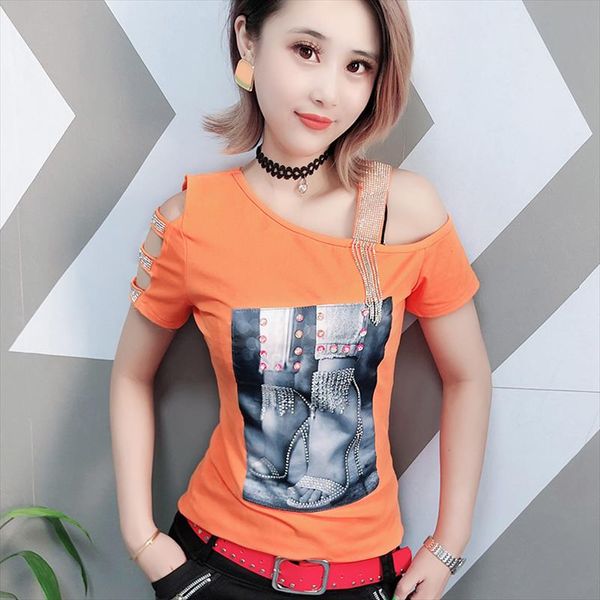 

off shoulder hollow out diamonds print tshirt 2020 new summer women short sleeve shirt clothes camiseta mujer t96711, White