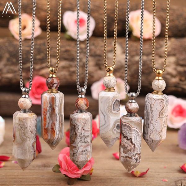 

fashion women natural mexico agates stone point perfume bottle pendant necklace women onyx stone essential oil duffuser necklace, Silver