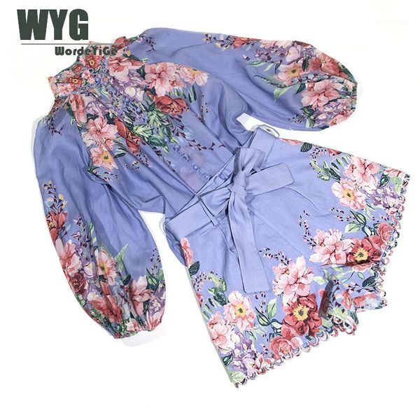 

blue linen blouses and shorts set 2020 spring summer new buttons through lantern sleeve + hollow out shorts1, White