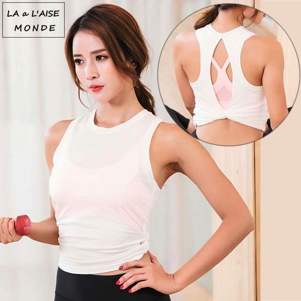 

women's sports wear gym open back yoga sport jersey woman workout for women fitness t shirt female crop t200401, White